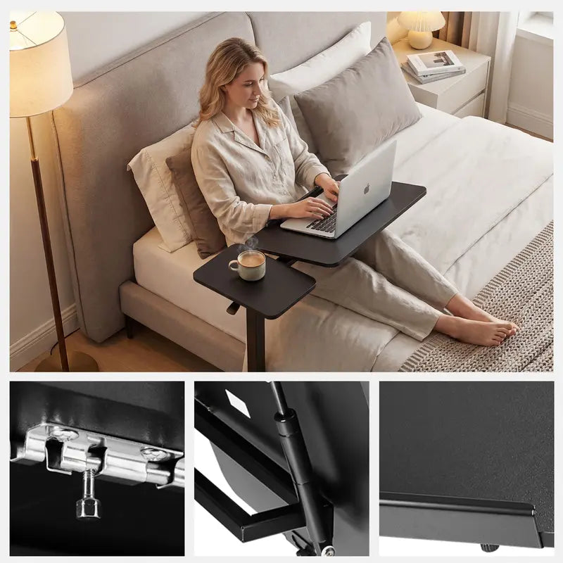 Adjustable Overbed Bedside Table with Wheels, Rolling Laptop Desk with Tilting Top