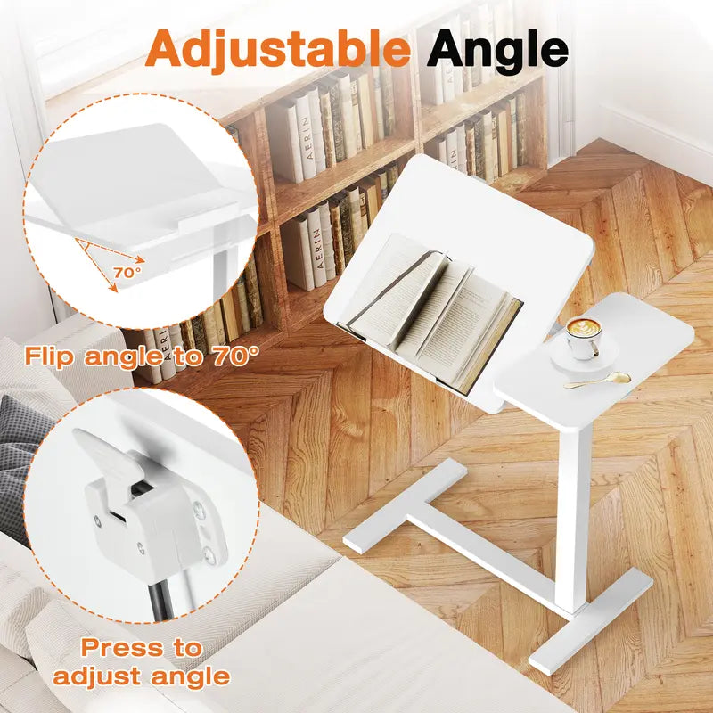 Adjustable Overbed Bedside Table with Wheels, Rolling Laptop Desk with Tilting Top